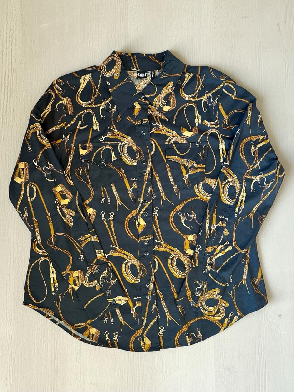 Women's Button-Down Shirt with Gold Western Theme Print Size XL
